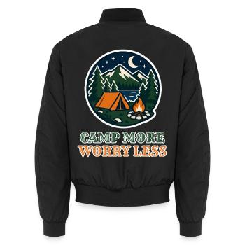 Camp More Worry Less – Retro Camping Abzeichen - Unisex Bomberjacke - Schwarz - Hinten - AI Model Male 185 light (185cm)