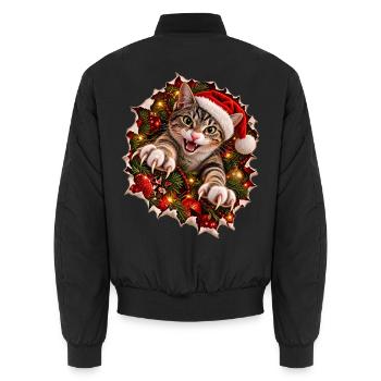 Psycho-Weihnachtskatze – Krallenchaos zu Weihnacht - Unisex Bomberjacke - Schwarz - Hinten - AI Model Male 185 light (185cm)