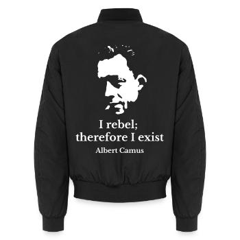 Albert Camus existenzielles Rebellenporträt - Unisex Bomberjacke - Schwarz - Hinten - AI Model Male 185 light (185cm)