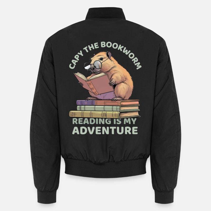 Capybara reading between stacks of books - Unisex Bomber Jacket - black