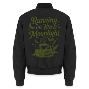 Running on Tea & Moonlight Spruch - Unisex Bomberjacke - Schwarz - Hinten - AI Model Male 185 light (185cm)