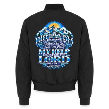 Psalm 121, Psalm 121:1-2, I Lift Up My Eyes - Unisex Bomberjacke - Schwarz - Hinten - AI Model Male 185 light (185cm)