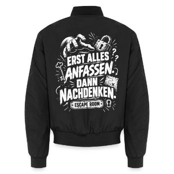 Escape Room - Erst anfassen, dann nachdenken - Unisex Bomberjacke - Schwarz - Hinten - AI Model Male 185 light (185cm)