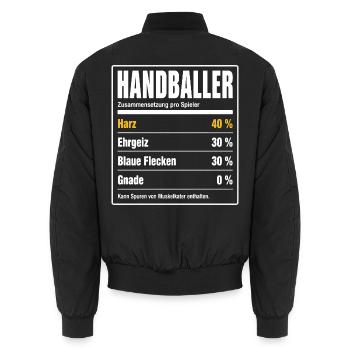 Handballer Inhaltsstoffe – 40 % Harz, 0 % Gnade - Unisex Bomberjacke - Schwarz - Hinten - AI Model Male 185 light (185cm)