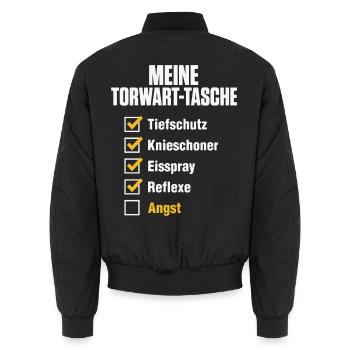 Handball Torwart Tasche – Reflexe ja, Angst nein - Unisex Bomberjacke - Schwarz - Hinten - AI Model Male 185 light (185cm)