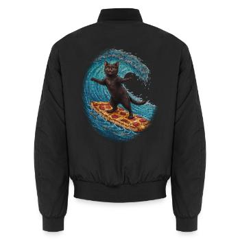 Schwarzer Kater surft auf Pizza Welle - Unisex Bomberjacke - Schwarz - Hinten - AI Model Male 185 light (185cm)