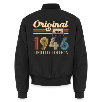 80th Birthday 80th Anniversary Original 1946 - Unisex Bomber Jacket - black - Back - AI Model Male 185 light (185cm)