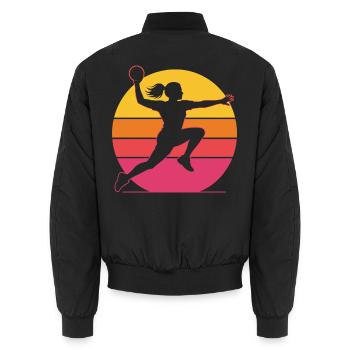 Retro Handballerin – Vintage Sonnenuntergang - Unisex Bomberjacke - Schwarz - Hinten - AI Model Male 185 light (185cm)
