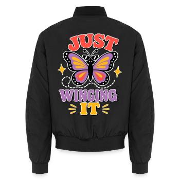Just Winging It – Funny Butterfly - Unisex Bomber Jacket - black - Back - AI Model Male 185 light (185cm)