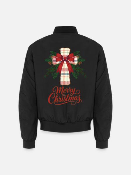 Frohe Weihnachten Karokreuz mit roter Schleife - Unisex Bomberjacke - Schwarz