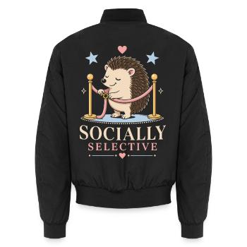 Socially selective hedgehog with humor - Unisex Bomber Jacket - black - Back - AI Model Male 185 light (185cm)