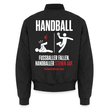 Schwalbenfreie Zone – Handball vs Fußball - Unisex Bomberjacke - Schwarz - Hinten - AI Model Male 185 light (185cm)