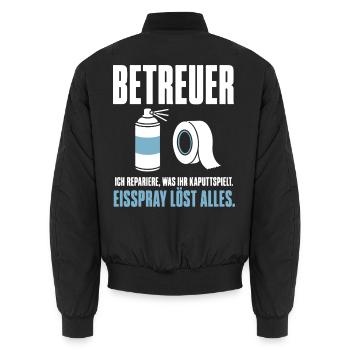 Betreuer Shirt – Repariere, was ihr kaputtspielt - Unisex Bomberjacke - Schwarz - Hinten - AI Model Male 185 light (185cm)