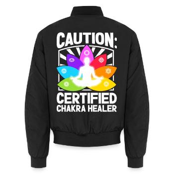Vorsicht - Chakra-Profi - Unisex Bomberjacke - Schwarz - Hinten - AI Model Male 185 light (185cm)
