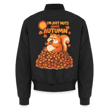 Nuts About Autumn | Dickes Eichhörnchen Design - Unisex Bomberjacke - Schwarz - Hinten - AI Model Male 185 light (185cm)