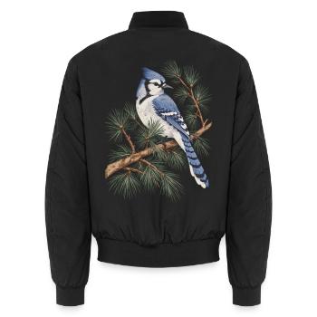 Blauer Eichelhäher auf Kiefernzweigen - Unisex Bomberjacke - Schwarz - Hinten - AI Model Male 185 light (185cm)