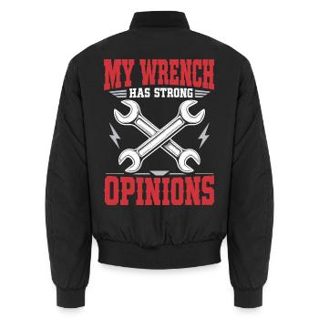 Schrauberhumor – My Wrench Has Strong Opinions - Unisex Bomberjacke - Schwarz - Hinten - AI Model Male 185 light (185cm)