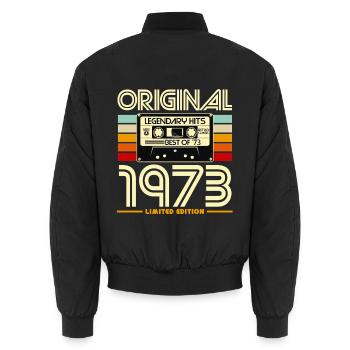 Original 1973 Retro Cassette - Unisex Bomber Jacket - black - Back - AI Model Male 185 light (185cm)