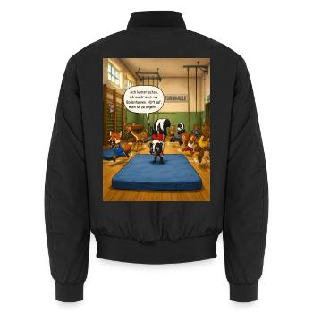Bodenturnen – Lustiges Stinktier Turnhallen Motiv - Unisex Bomberjacke - Schwarz - Hinten - AI Model Male 185 light (185cm)