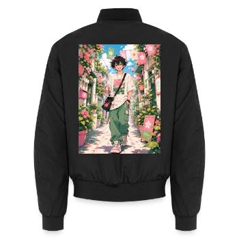 Spring walk through the Blumengasse - Unisex Bomber Jacket - black - Back - AI Model Male 185 light (185cm)