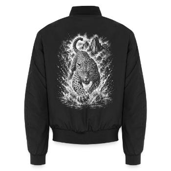 Springender wilder Leopard in Natur im Zeichenstil - Unisex Bomberjacke - Schwarz - Hinten - AI Model Male 185 light (185cm)