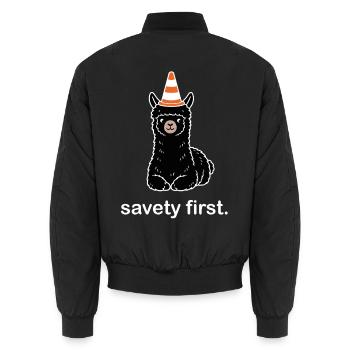 Safety First – Lustiges süßes Alpaka Motiv - Unisex Bomberjacke - Schwarz - Hinten - AI Model Male 185 light (185cm)