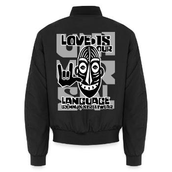 Liebe ist unsere Sprache Grafikmaske - Unisex Bomberjacke - Schwarz - Hinten - AI Model Male 185 light (185cm)