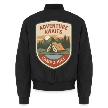 Abenteuer wartet: Camp & Hike - Unisex Bomberjacke - Schwarz - Hinten - AI Model Male 185 light (185cm)