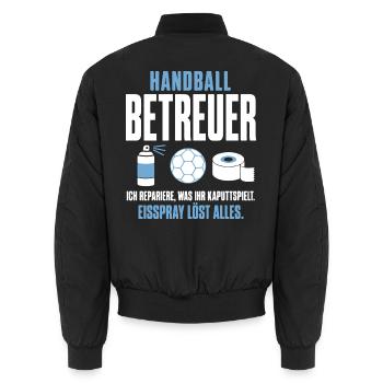 Handball Betreuer Shirt – Eisspray löst alles - Unisex Bomberjacke - Schwarz - Hinten - AI Model Male 185 light (185cm)