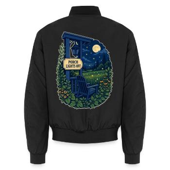 PORCH LIGHTS OFF - Unisex Bomber Jacket - black - Back - AI Model Male 185 light (185cm)