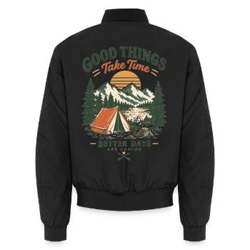 Gute Dinge brauchen Zeit – Campinglandschaft - Unisex Bomberjacke - Schwarz - Hinten - AI Model Male 185 light (185cm)
