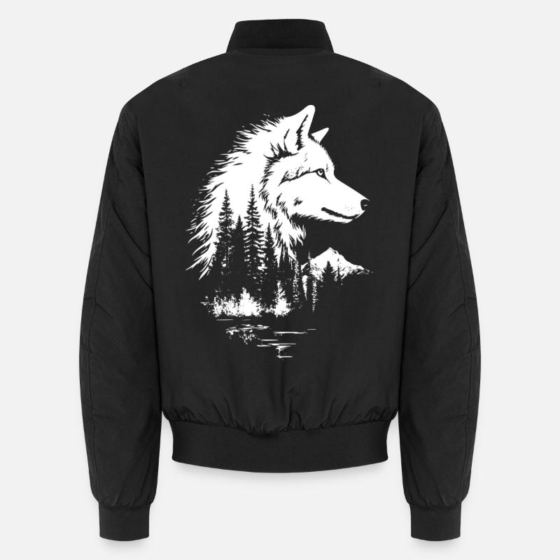 Wolf Gesicht Wald Silhouette im Schwarz-Weiß-Stil Unisex Bomberjacke