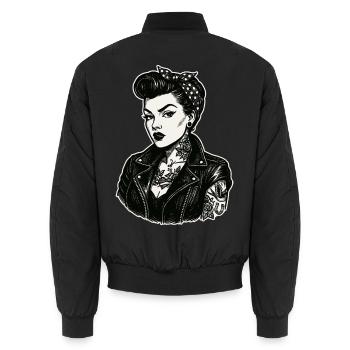 Rebellisches 50s Pin-Up Girl Lederjacke - Unisex Bomberjacke - Schwarz - Hinten - AI Model Male 185 light (185cm)