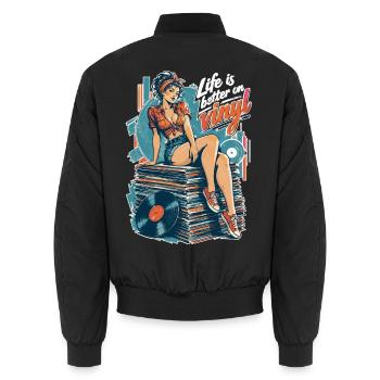 Life is better on vinyl - Pin-Up & Sneaker - Unisex Bomberjacke - Schwarz - Hinten - AI Model Male 185 light (185cm)