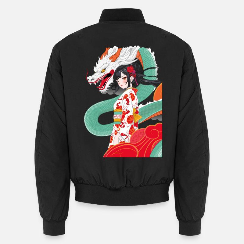 Anime-Stil-Geisha mit Drachen - Unisex Bomberjacke - Schwarz