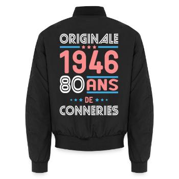 Original – 1946 – 80 Jahre - Unisex Bomberjacke - Schwarz - Hinten - AI Model Male 185 light (185cm)