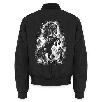 Wildes schwarzes Pferd in Natur im Zeichenstil - Unisex Bomberjacke - Schwarz - Hinten - AI Model Male 185 light (185cm)