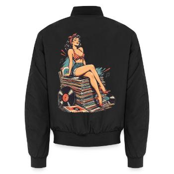 Retro Pin-Up auf riesigem Schallplatten-Stapel - Unisex Bomberjacke - Schwarz - Hinten - AI Model Male 185 light (185cm)