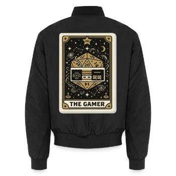 Gamer Tarot – Retro Controller & D20 - Unisex Bomberjacke - Schwarz - Hinten - AI Model Male 185 light (185cm)