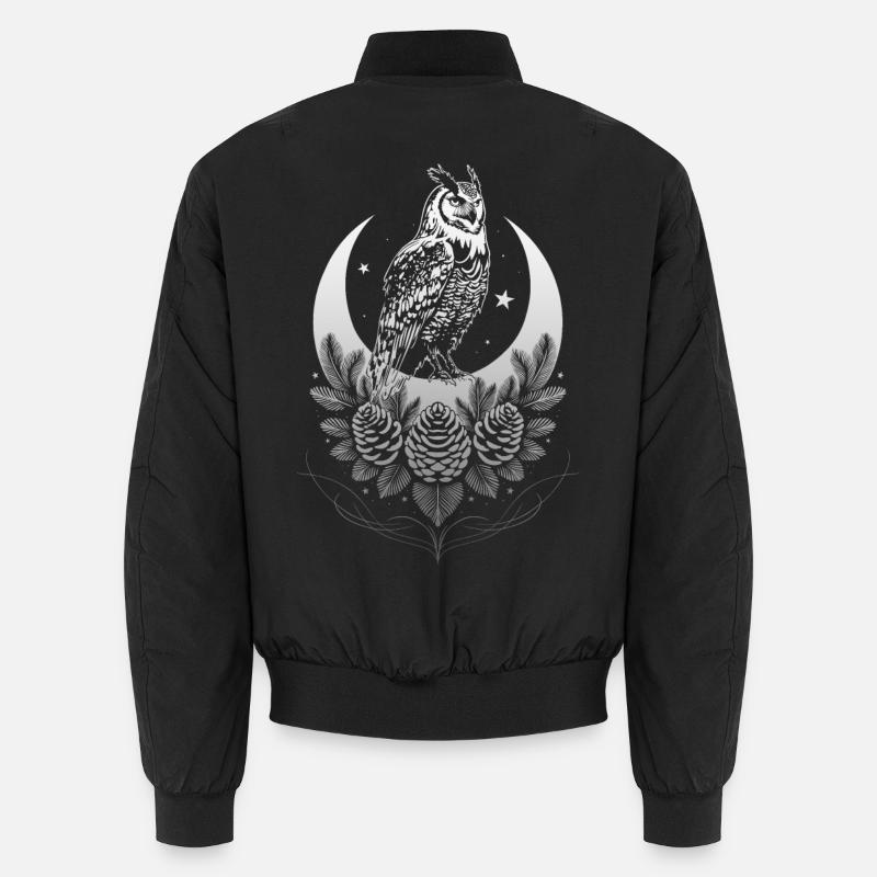 Owl with crescent moon, fir tree and cone Unisex Bomber Jacket