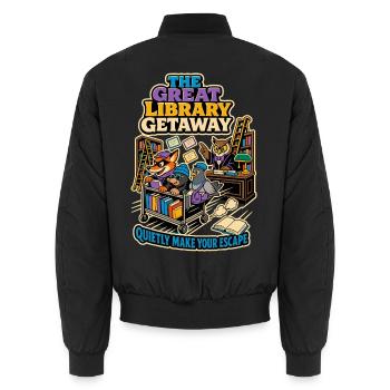 The Great Library Getaway – Books Humor - Unisex Bomber Jacket - black - Back - AI Model Male 185 light (185cm)