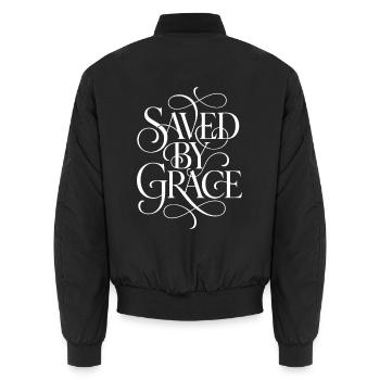 Saved_By_Grace_White_Print - Unisex Bomberjacke - Schwarz - Hinten - AI Model Male 185 light (185cm)