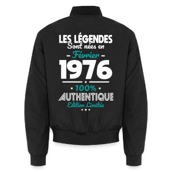 Anniversaire 50 ans - Légendes nées Février 1976 - Bomber unisexe - noir - Dos - AI Model Male 185 light (185cm)