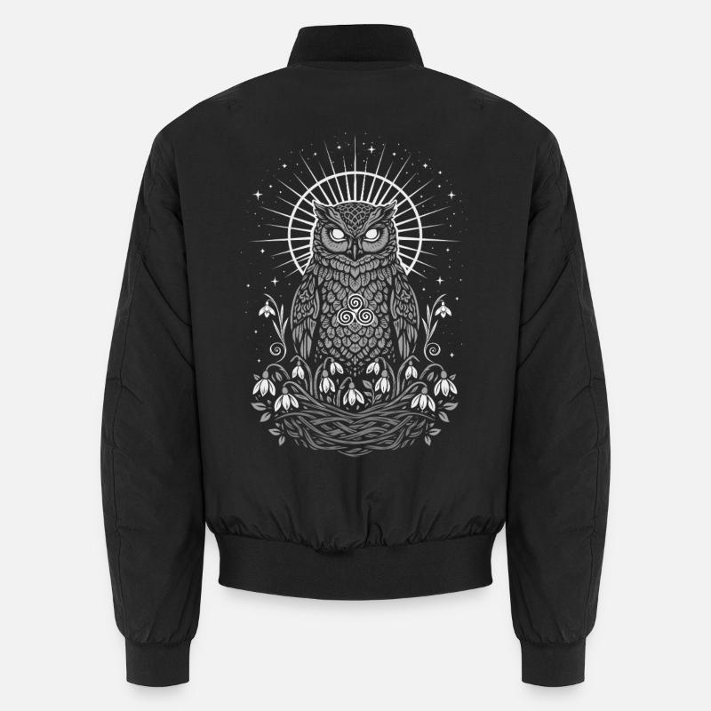 Imbolc Owl with Triskele and Snowdrops Unisex Bomber Jacket