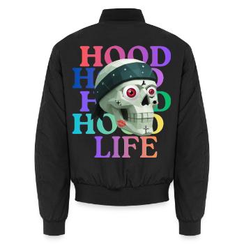 Hood Life Skull T-Shirt design. - Unisex Bomber Jacket - black - Back - AI Model Male 185 light (185cm)