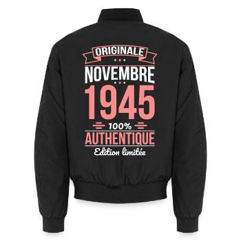 80th Anniversary - Original - November 1945 - Unisex Bomber Jacket - black - Back - AI Model Male 185 light (185cm)