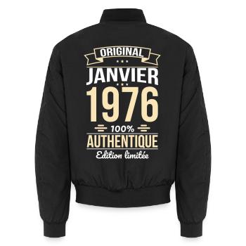 Anniversaire 50 ans - Original - Janvier 1976 - Bomber unisexe - noir - Dos - AI Model Male 185 light (185cm)