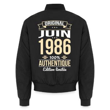 Anniversaire 40 ans - Original - Juin 1986 - Bomber unisexe - noir - Dos - AI Model Male 185 light (185cm)