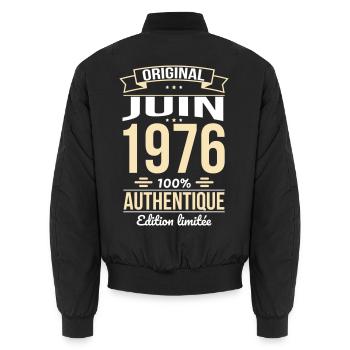 Anniversaire 50 ans - Original - Juin 1976 - Bomber unisexe - noir - Dos - AI Model Male 185 light (185cm)