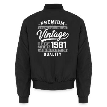 Vintage Qualitätsausgabe Dezember 1981 - Unisex Bomberjacke - Schwarz - Hinten - AI Model Male 185 light (185cm)
